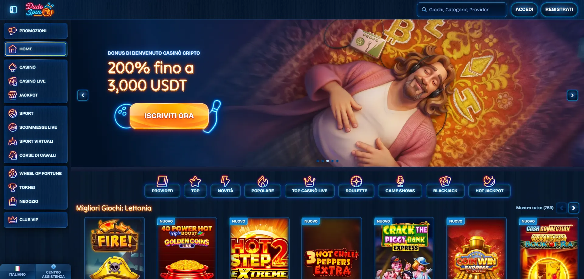 Dudespin Casino homepage &mdash; panoramica del casin&ograve; online italiano 2026