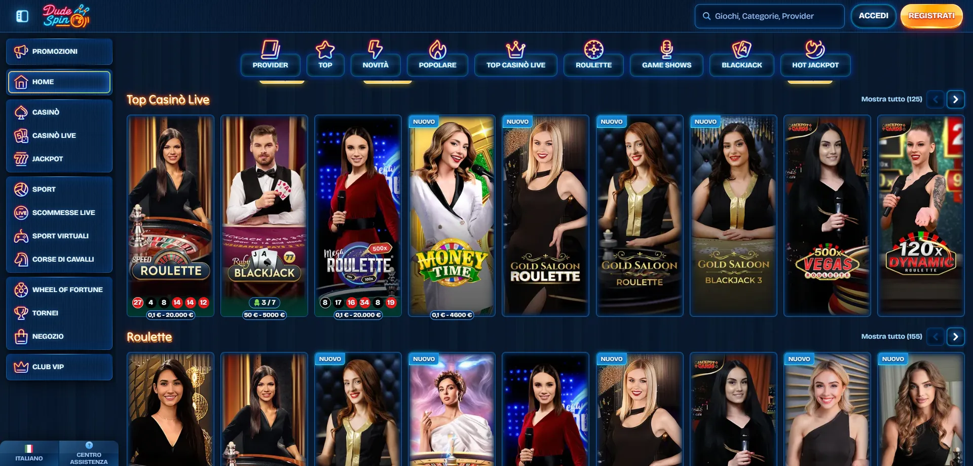 Tavoli live di Dudespin Casino con croupier professionisti in diretta